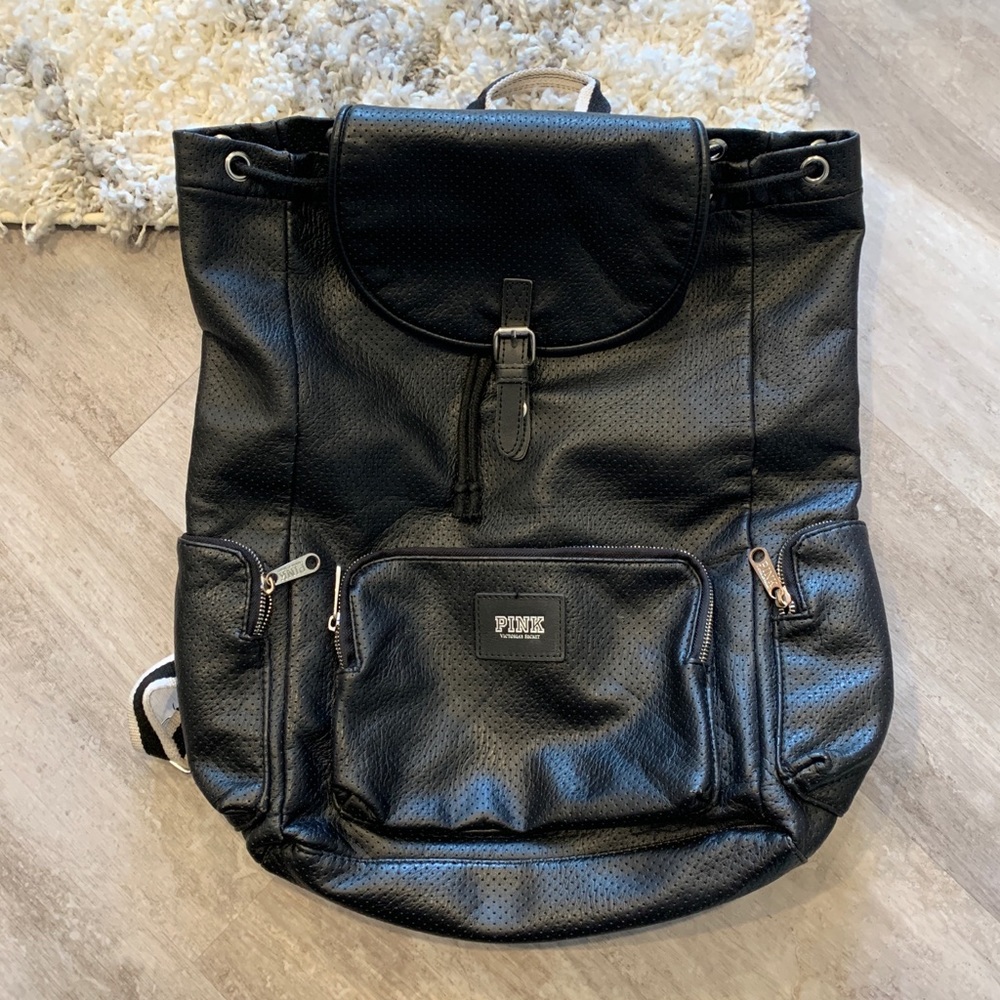 PINK Black Leather Backpack